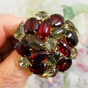 VINTAGE Red Lavender ART GLASS Smoke Rhinestone Brooch~Rhinestone Art Glass Pin
